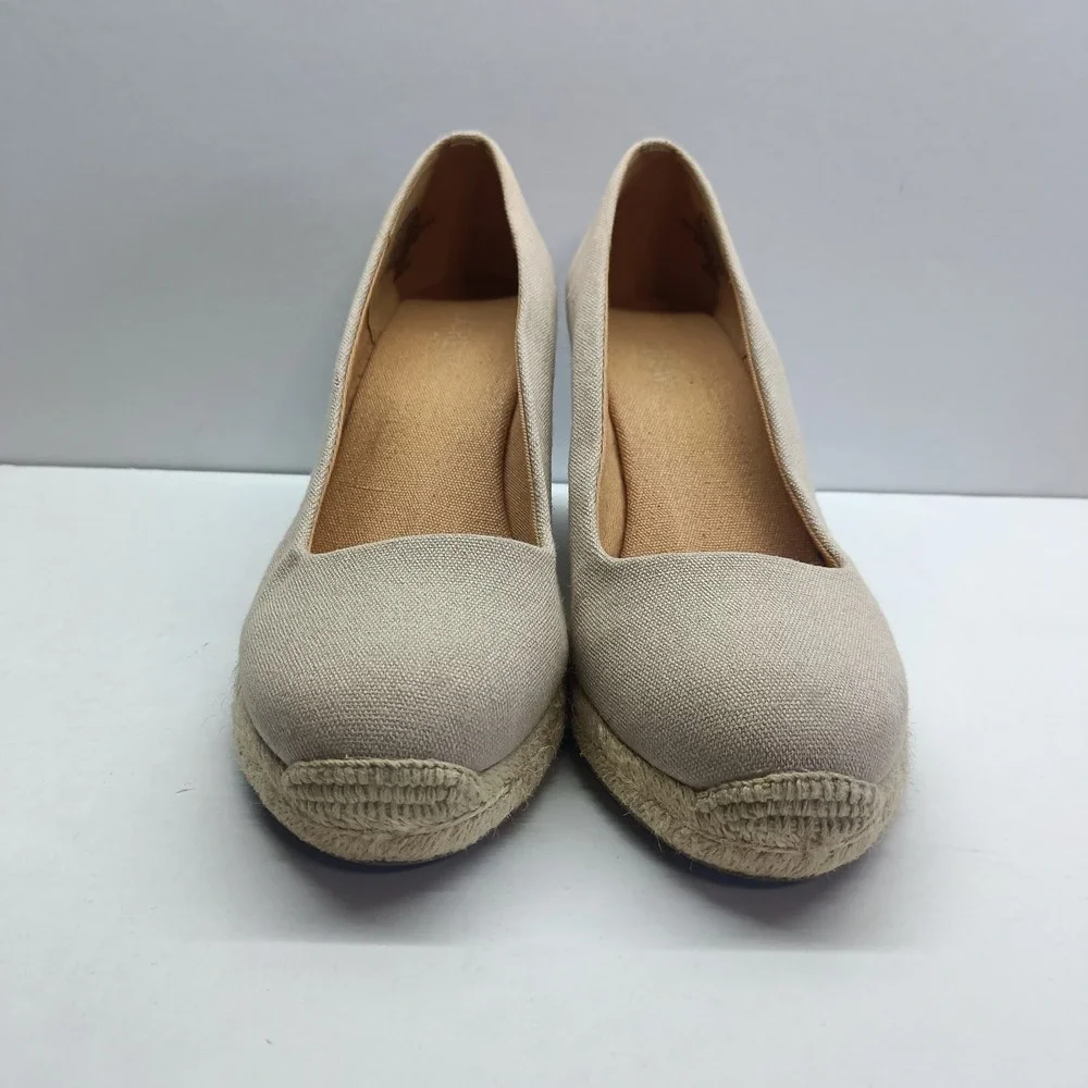 J Crew Women's Size 8.5 Canvas Espadrille‎ Wedge Heels Shoes Beige